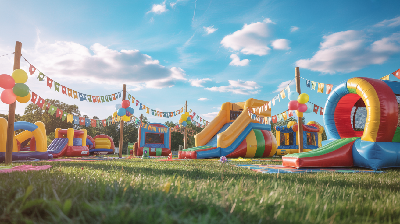 Festive outdoor party setup with colorful bounce houses and inflatables in Southern Maryland